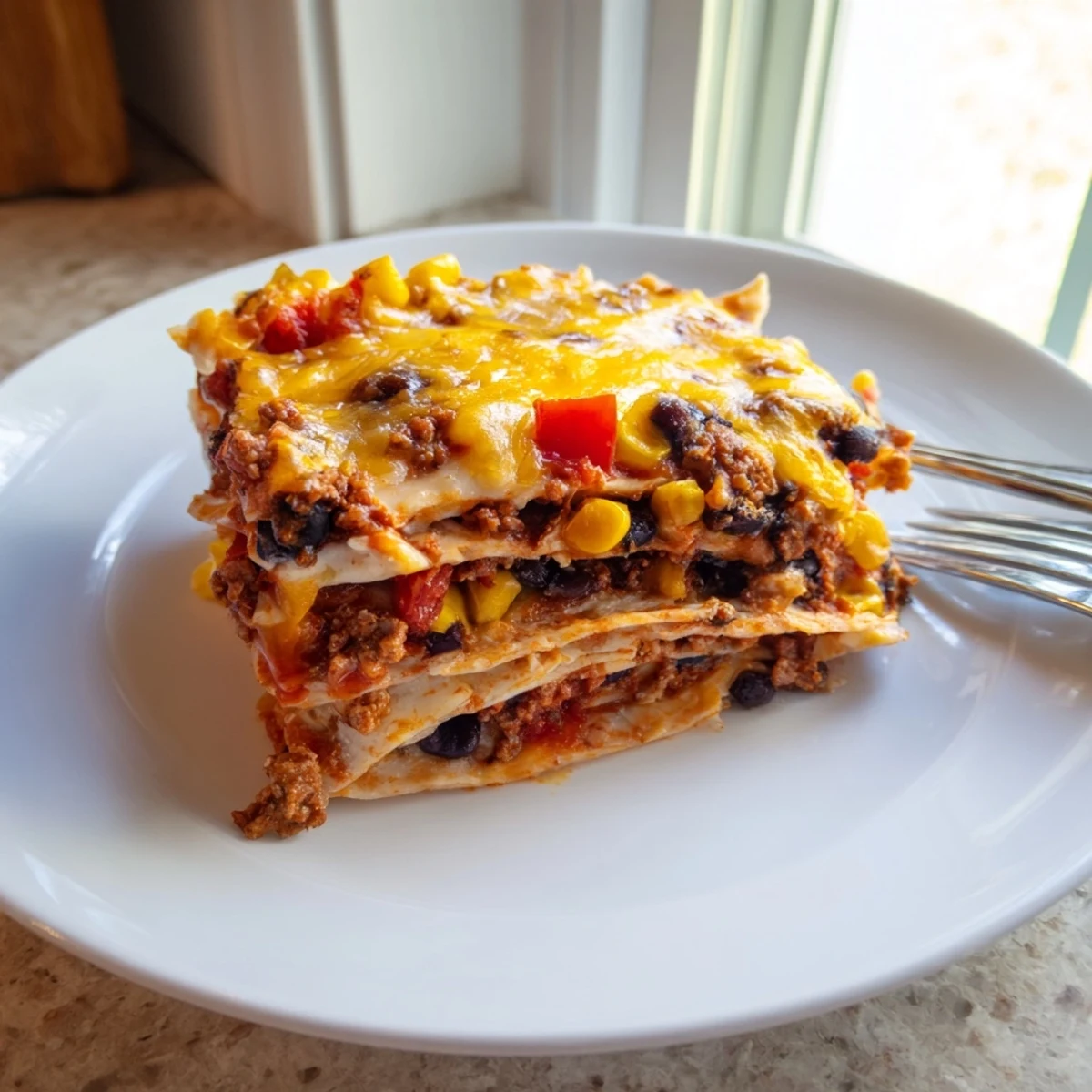 Mexican lasagna fresh from oven showing tortilla layers gooey cheese and zesty filling
