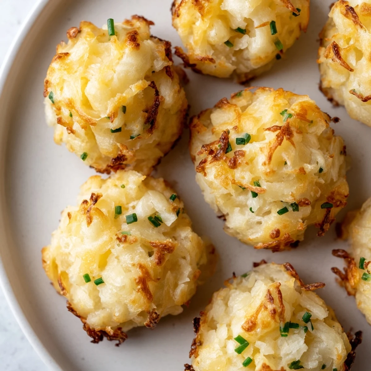 Golden Mashed Potato Cheese Puffs arranged on a baking sheet with herbs sprinkled on top