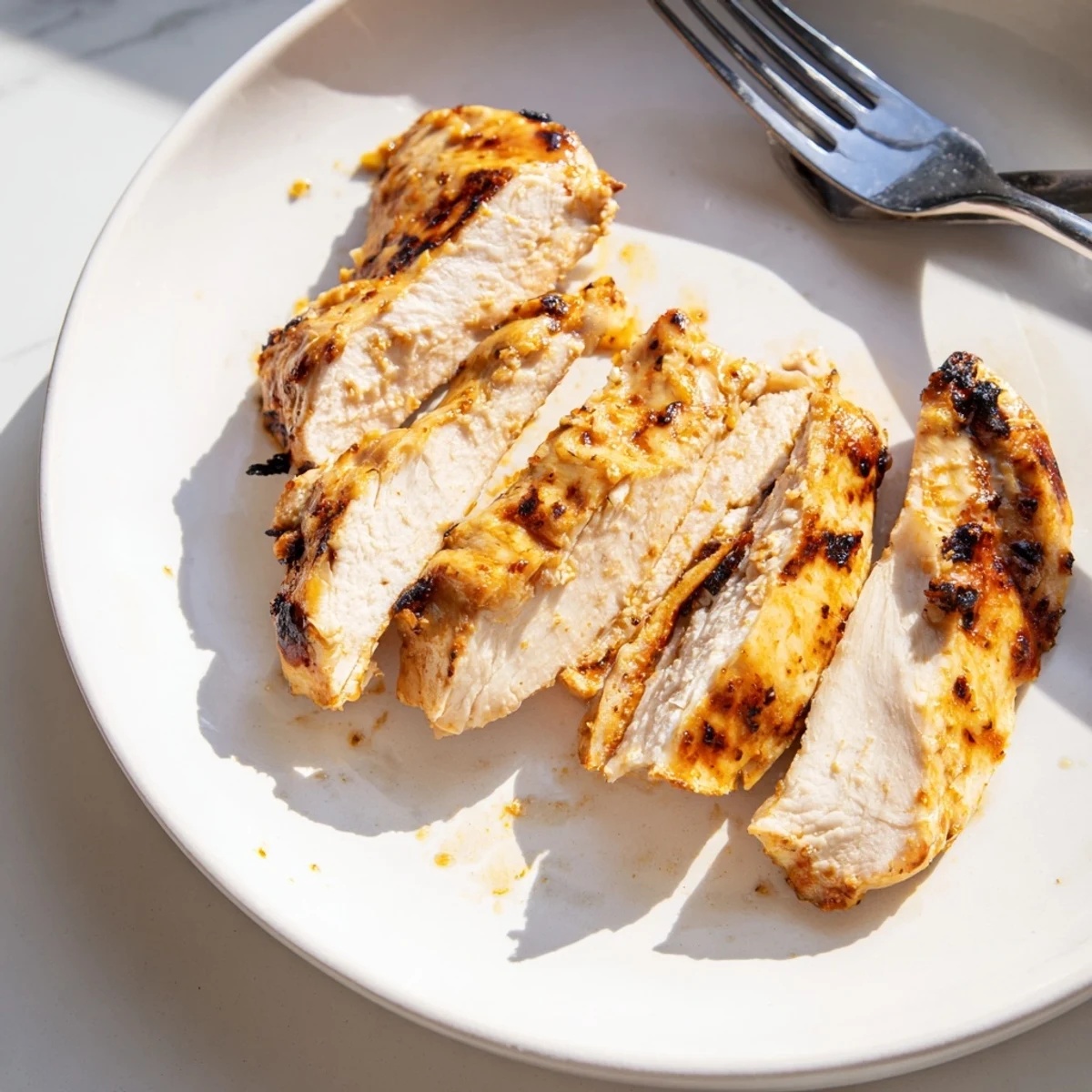 Golden grilled Greek yogurt marinated chicken with char marks and fresh herbs on a white plate