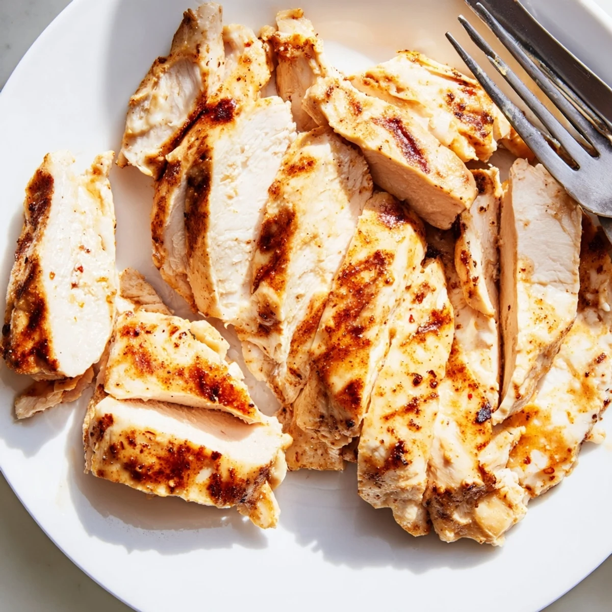 Juicy sliced Greek yogurt marinated chicken breast with lemon wedges and bright green parsley garnish