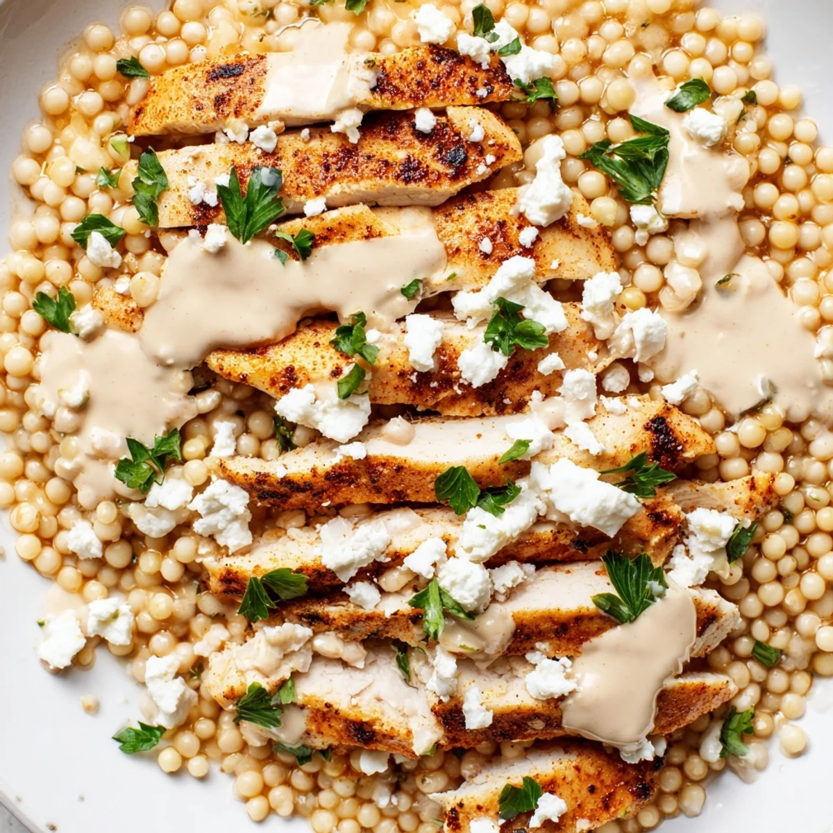 Golden Mediterranean chicken couscous bowl topped with fresh vegetables and creamy tahini drizzle