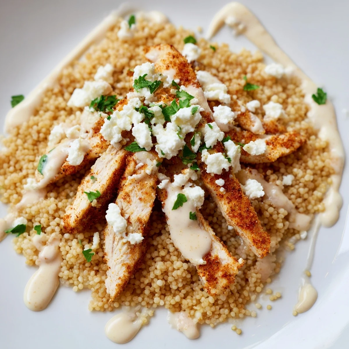 Fluffy couscous paired with spiced grilled chicken and colorful Mediterranean vegetables in bowl