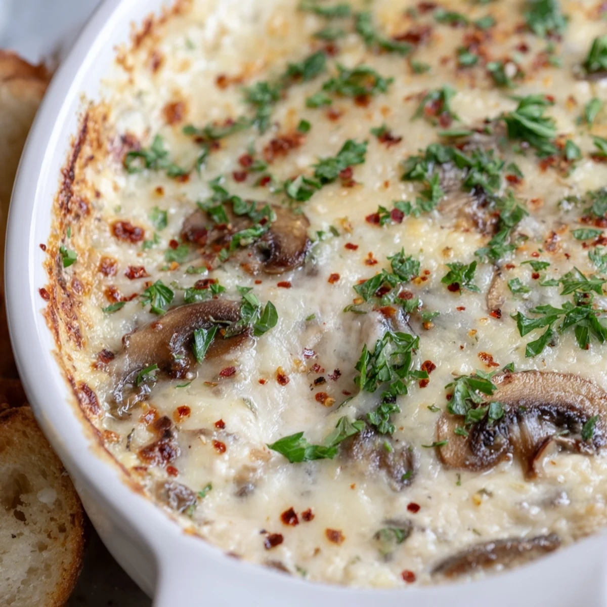 Creamy stuffed mushroom dip bubbling with melted cheese in a golden cast iron skillet