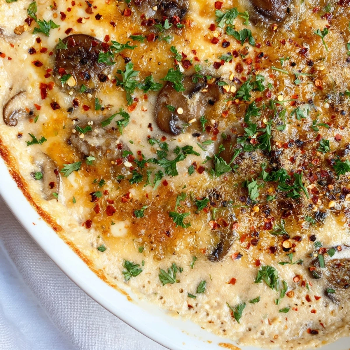 Warm stuffed mushroom dip served with crispy baguette slices and fresh crackers
