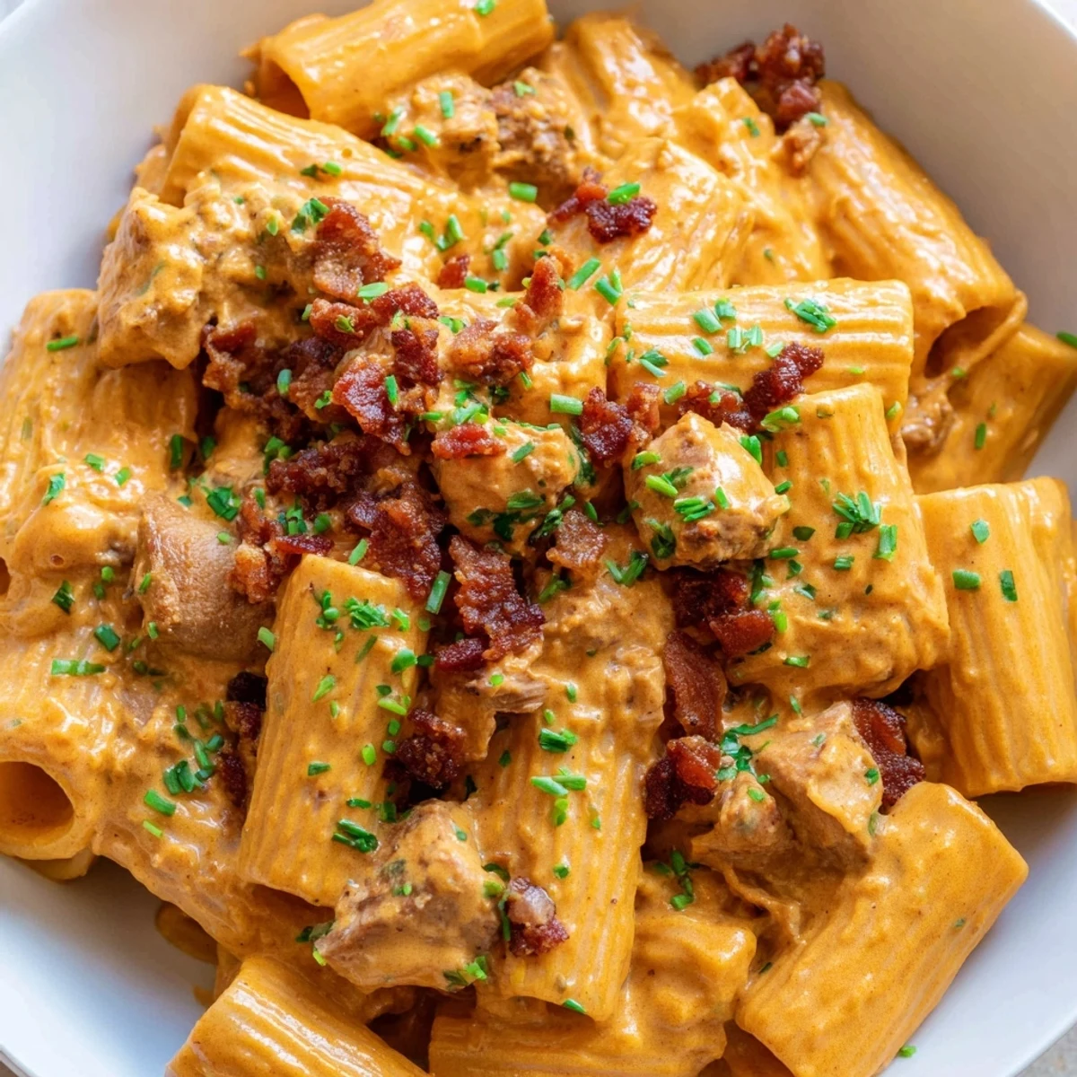 Creamy crack chicken pasta with crispy beef bacon and fresh herbs in rich cheese sauce