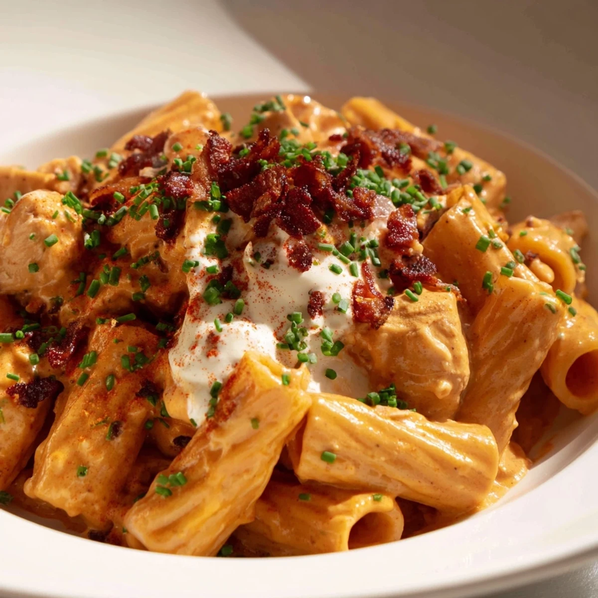 Golden tender chicken pieces coated in creamy crack chicken pasta with melted cheddar