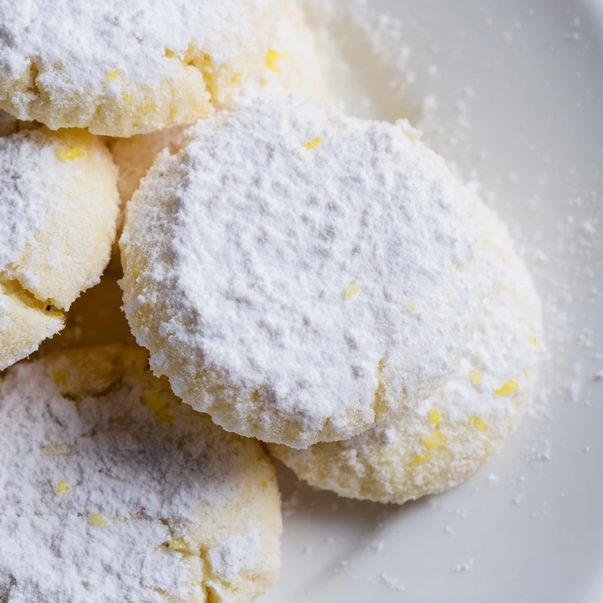 Golden Lemon Meltaways cookies dusted with white sugar beside steaming teacup