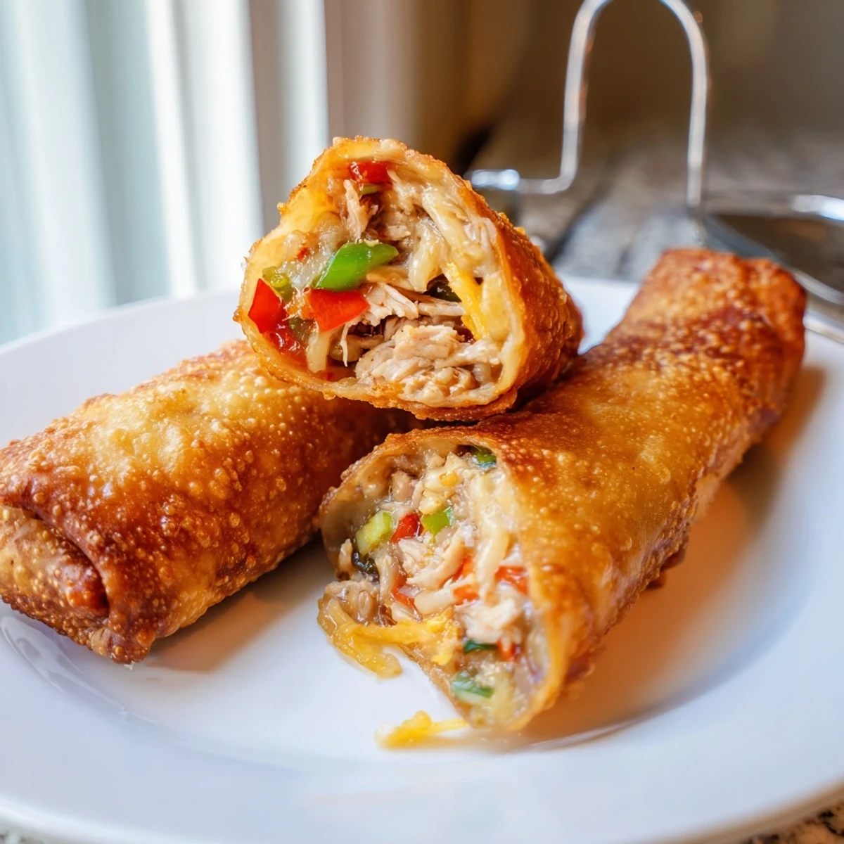 Platter of Voodoo Egg Rolls alongside remoulade sauce garnished with sliced jalapeños