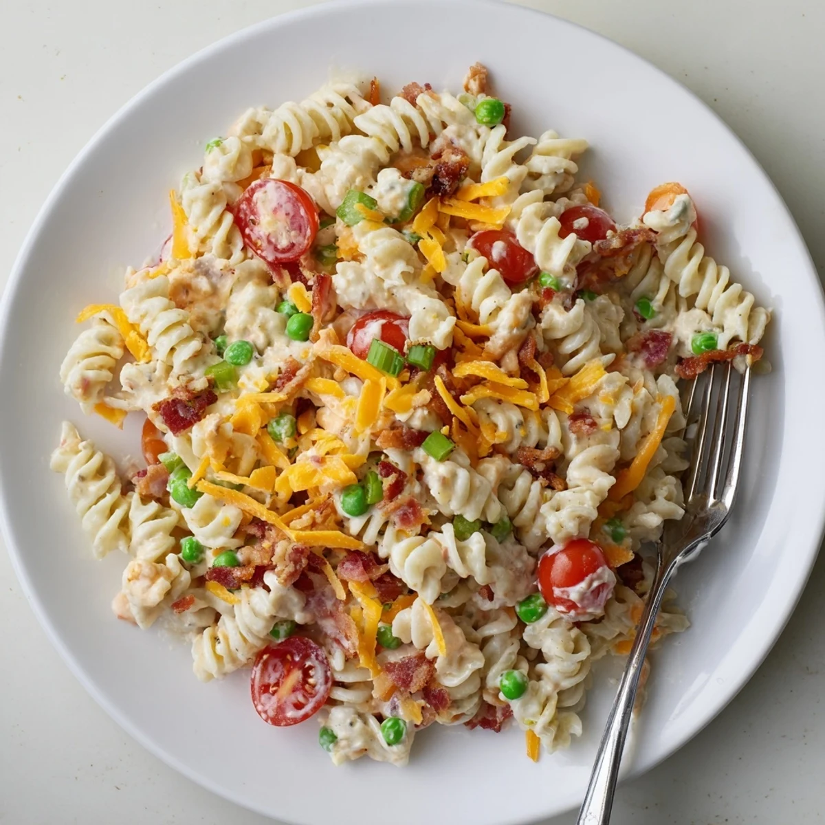 Creamy addictive crack pasta salad loaded with cherry tomatoes and green onions on a white plate