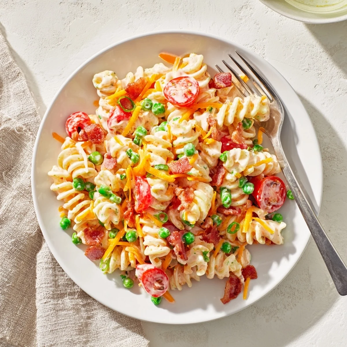Heaping scoop of addictive crack pasta salad with vibrant bell peppers and a rich ranch coating