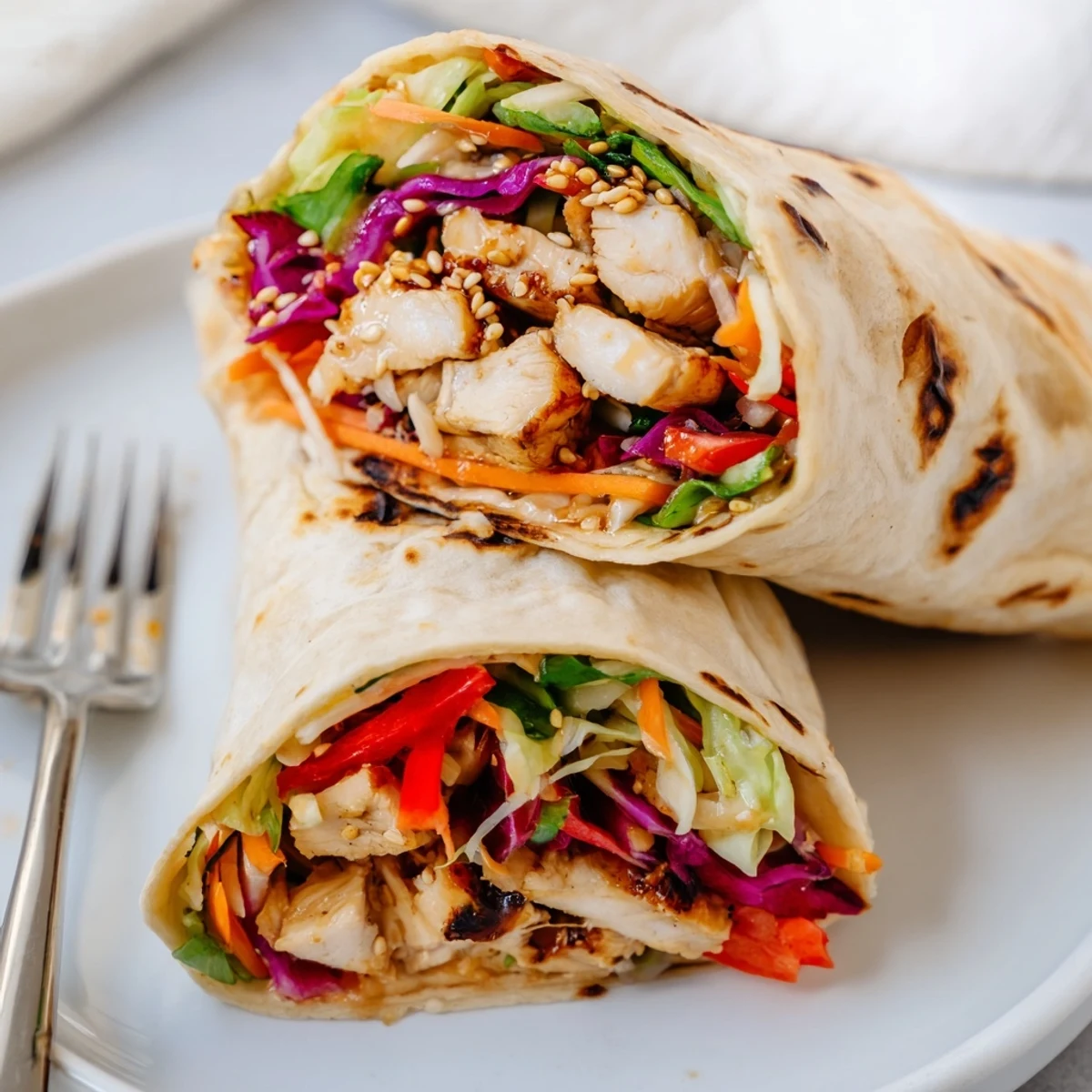 Juicy sliced chicken nestled in Thai chicken wraps with crunchy colorful Asian slaw