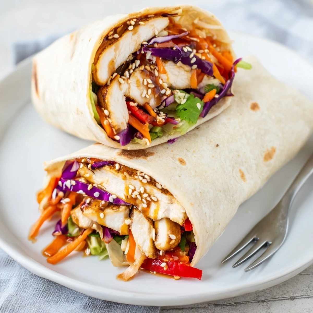 Thai chicken wraps rolled in warm tortillas drizzled with lime and sesame seeds