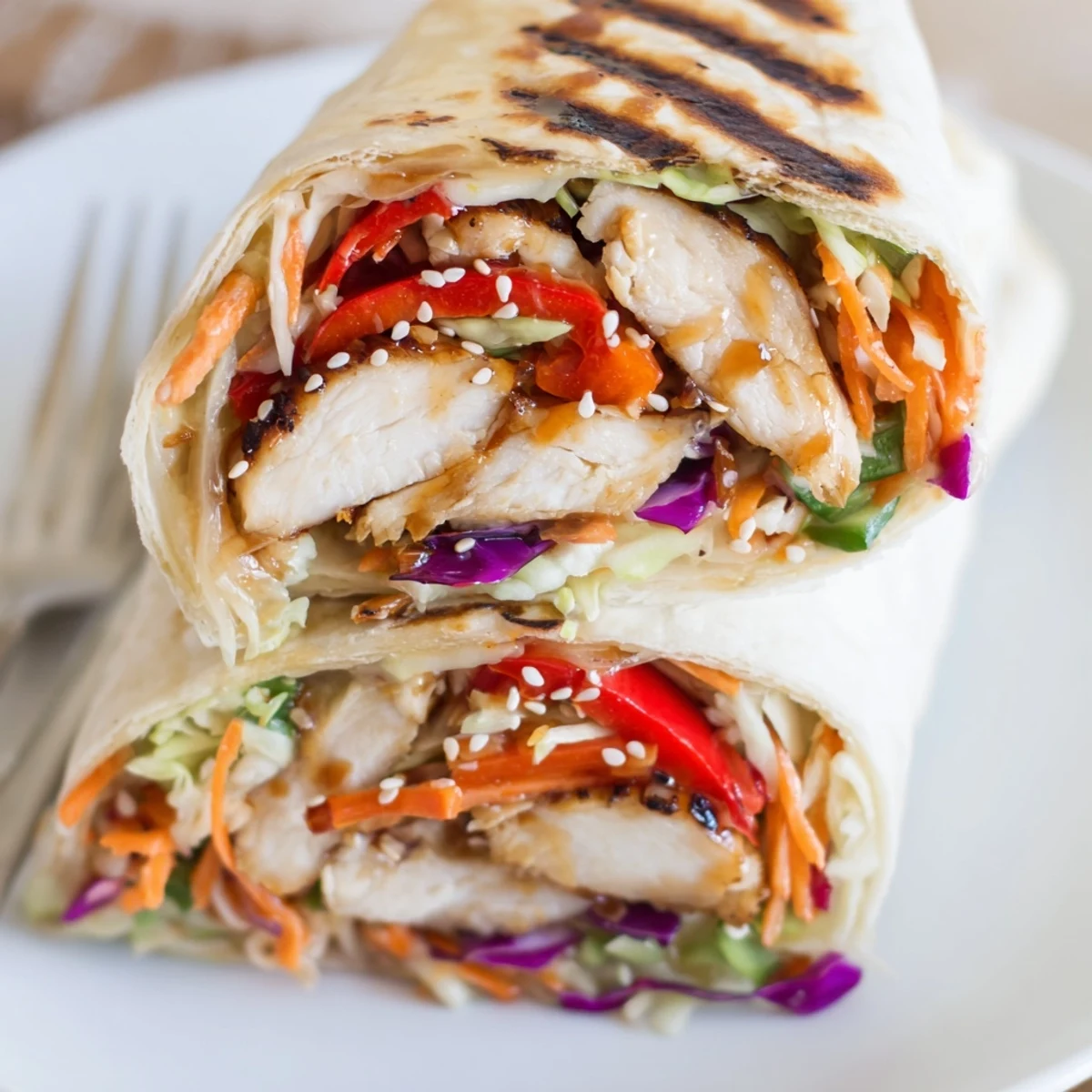 Crisp cabbage and tender chicken filling Thai chicken wraps served on a white plate