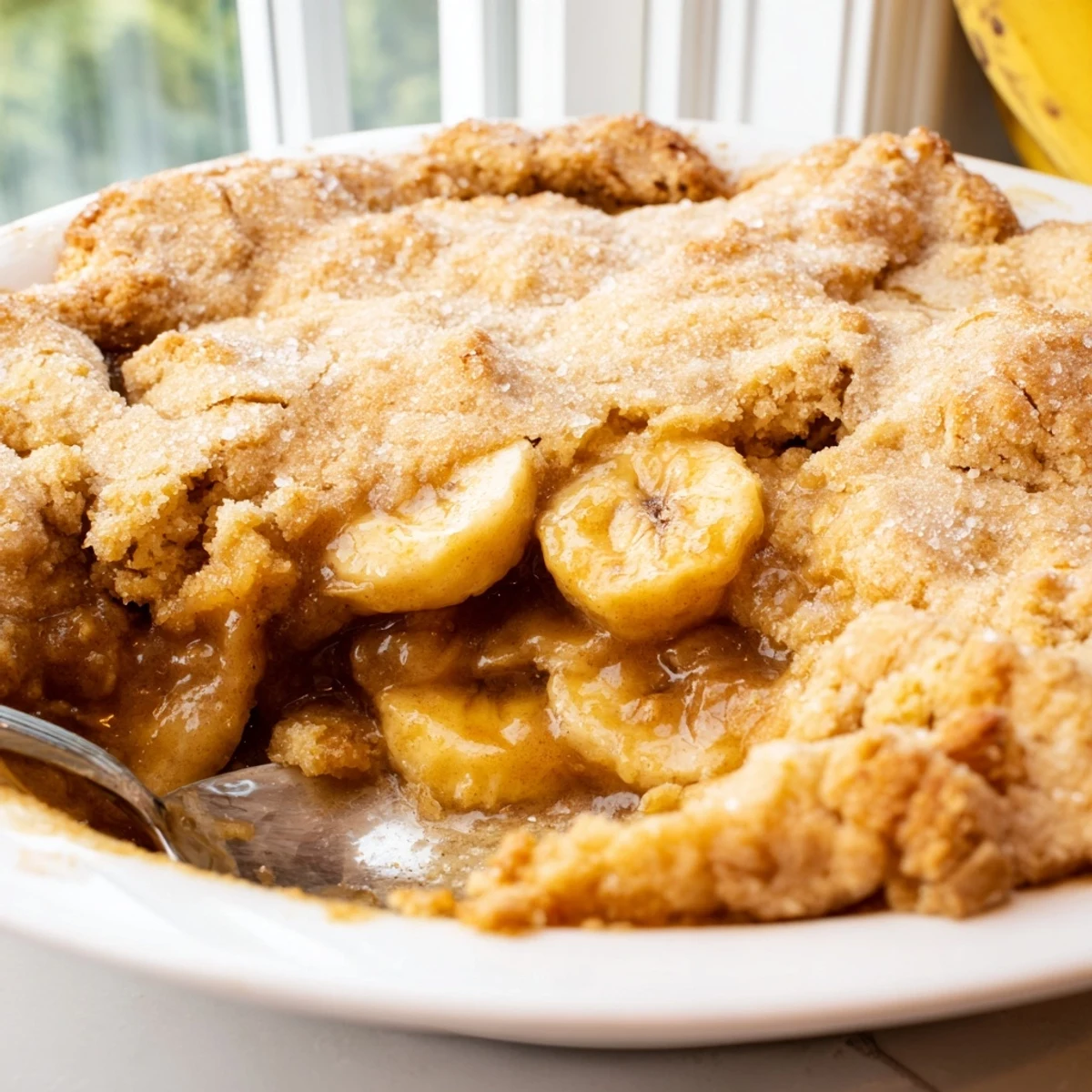 Golden Southern banana cobbler bubbling with cinnamon-spiced fruit beneath a buttery topping