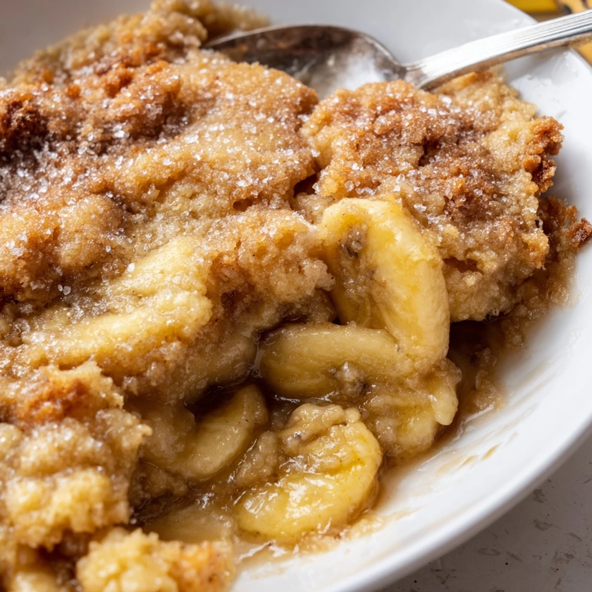 Warm Southern banana cobbler served in a dish with a scoop of vanilla ice cream