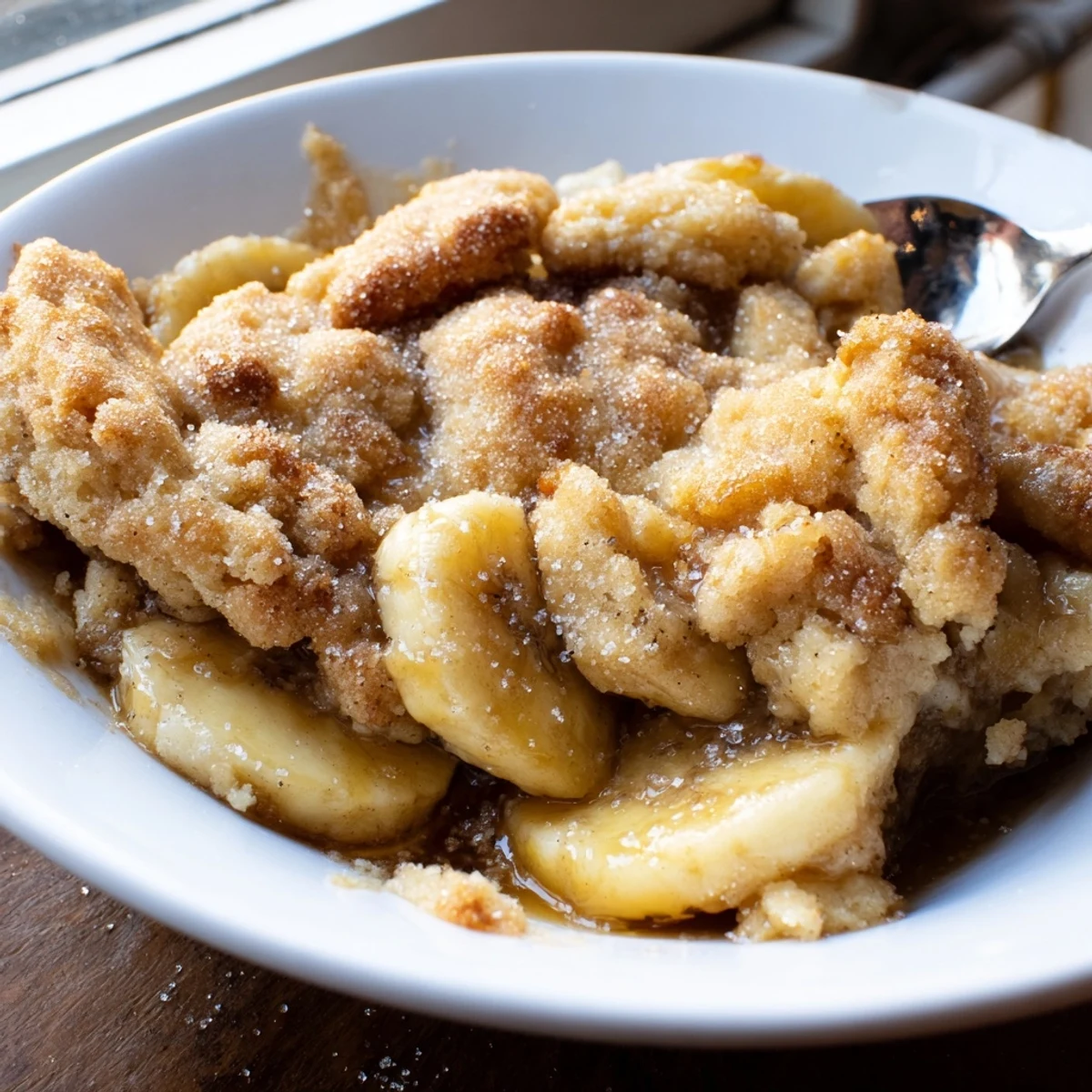 Pillowy golden cobbler topping baked over caramelized bananas in this Southern banana cobbler