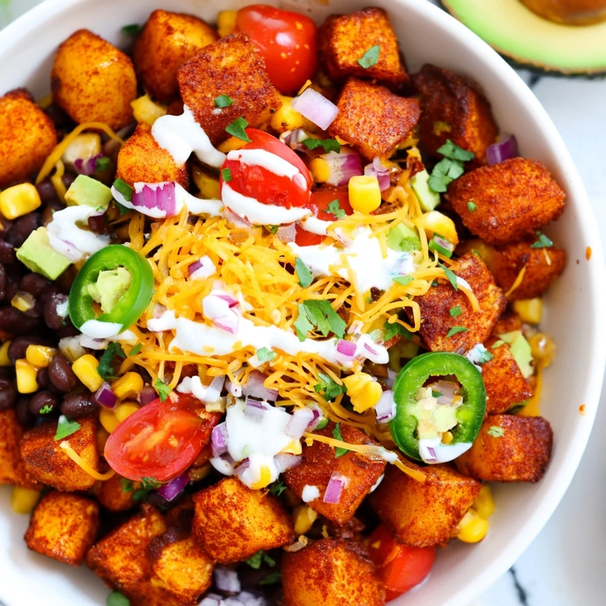 Crispy spiced potatoes and zesty black beans in loaded fiesta potato bowls