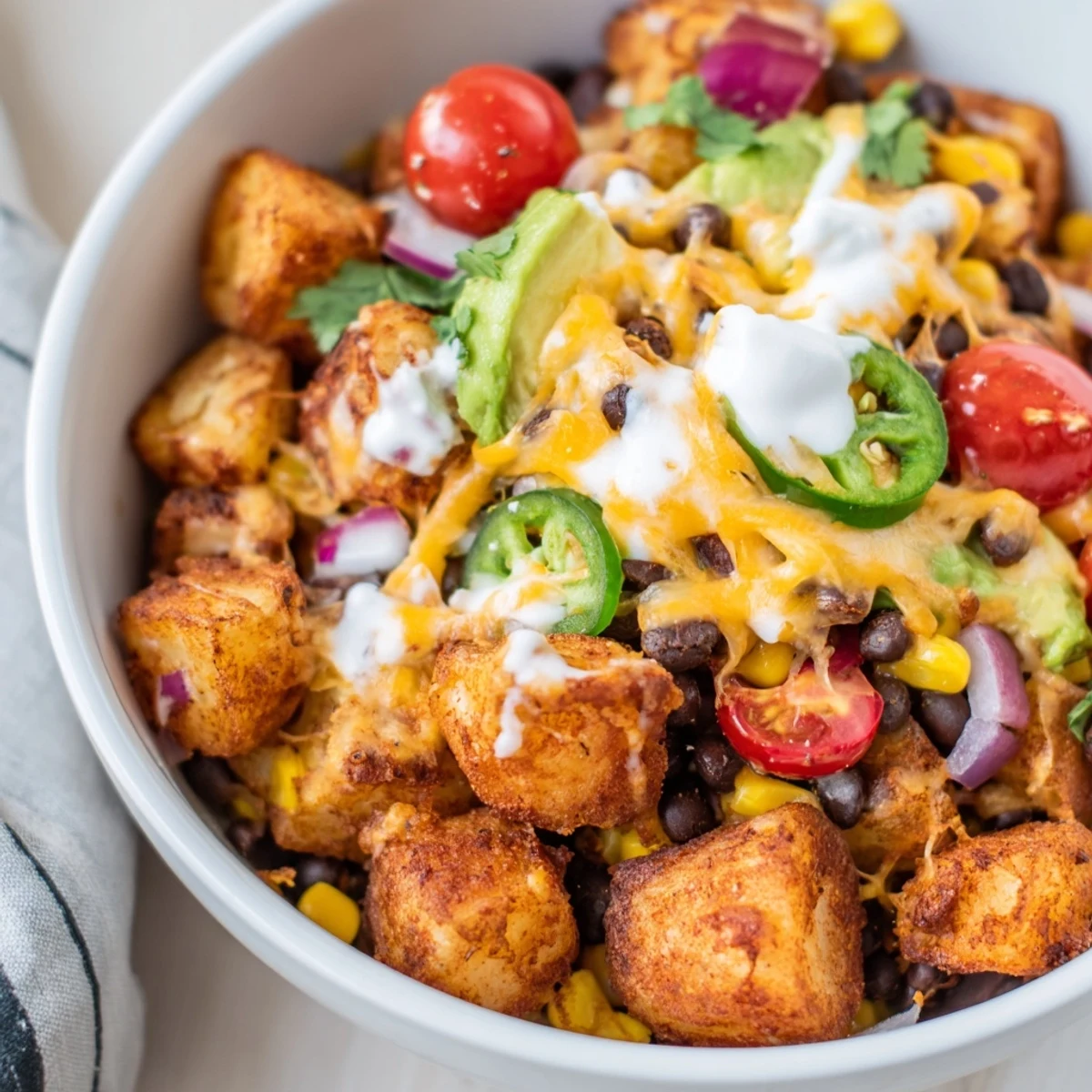 Golden roasted potatoes topped with melty cheddar in loaded fiesta potato bowls