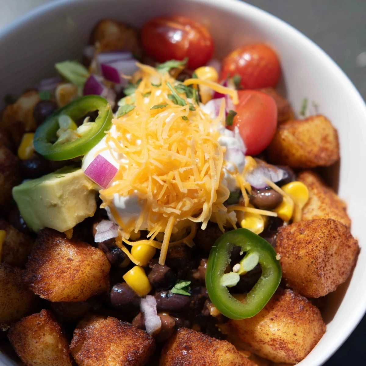 A vibrant loaded fiesta potato bowl with avocado, lime, and fresh cilantro