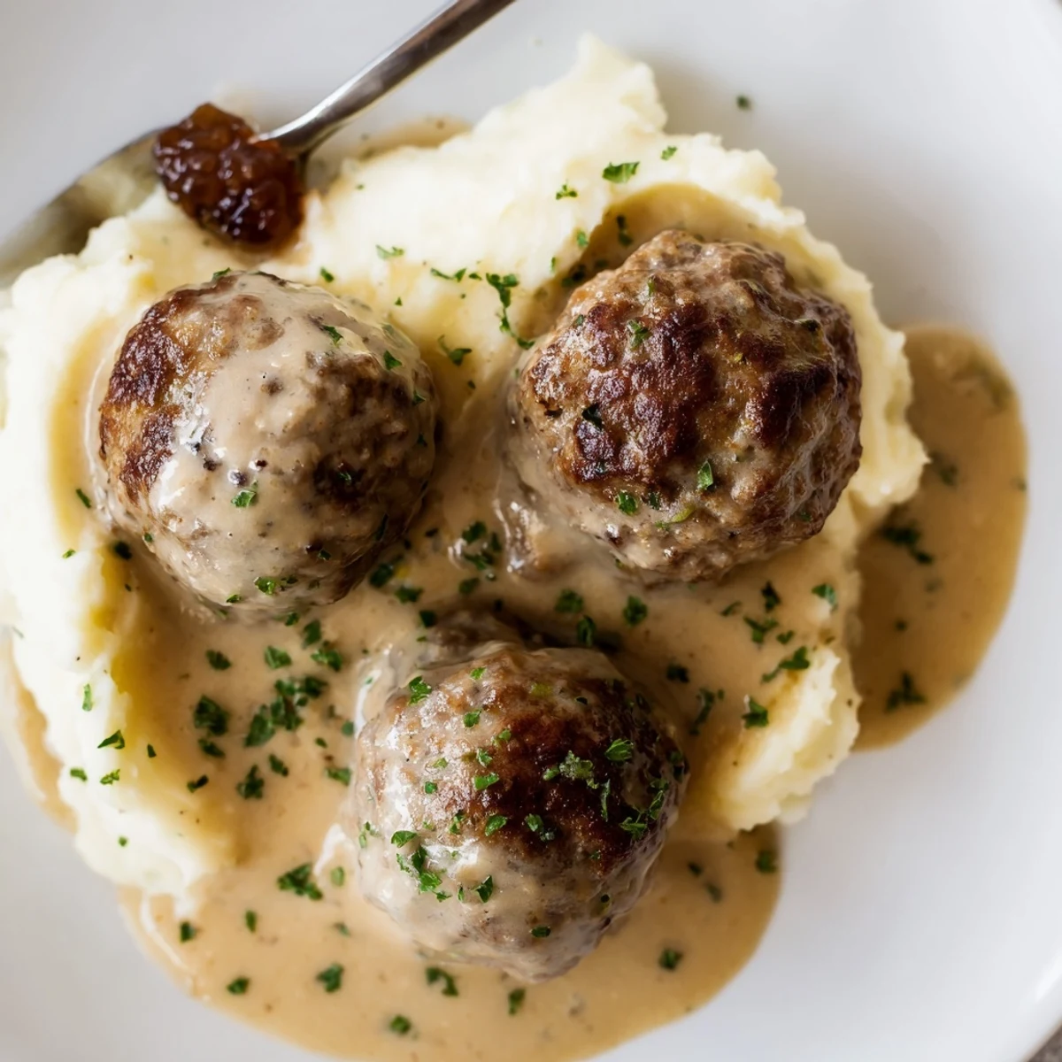 Homemade Ikea Meatballs simmering in creamy gravy, served with mashed potatoes.