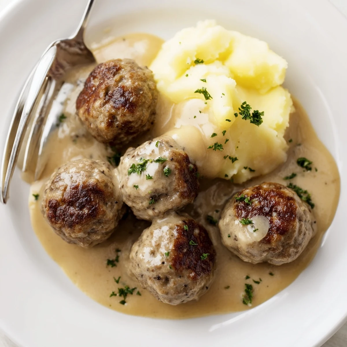 Steam rising from Homemade Ikea Meatballs coated in rich cream sauce.