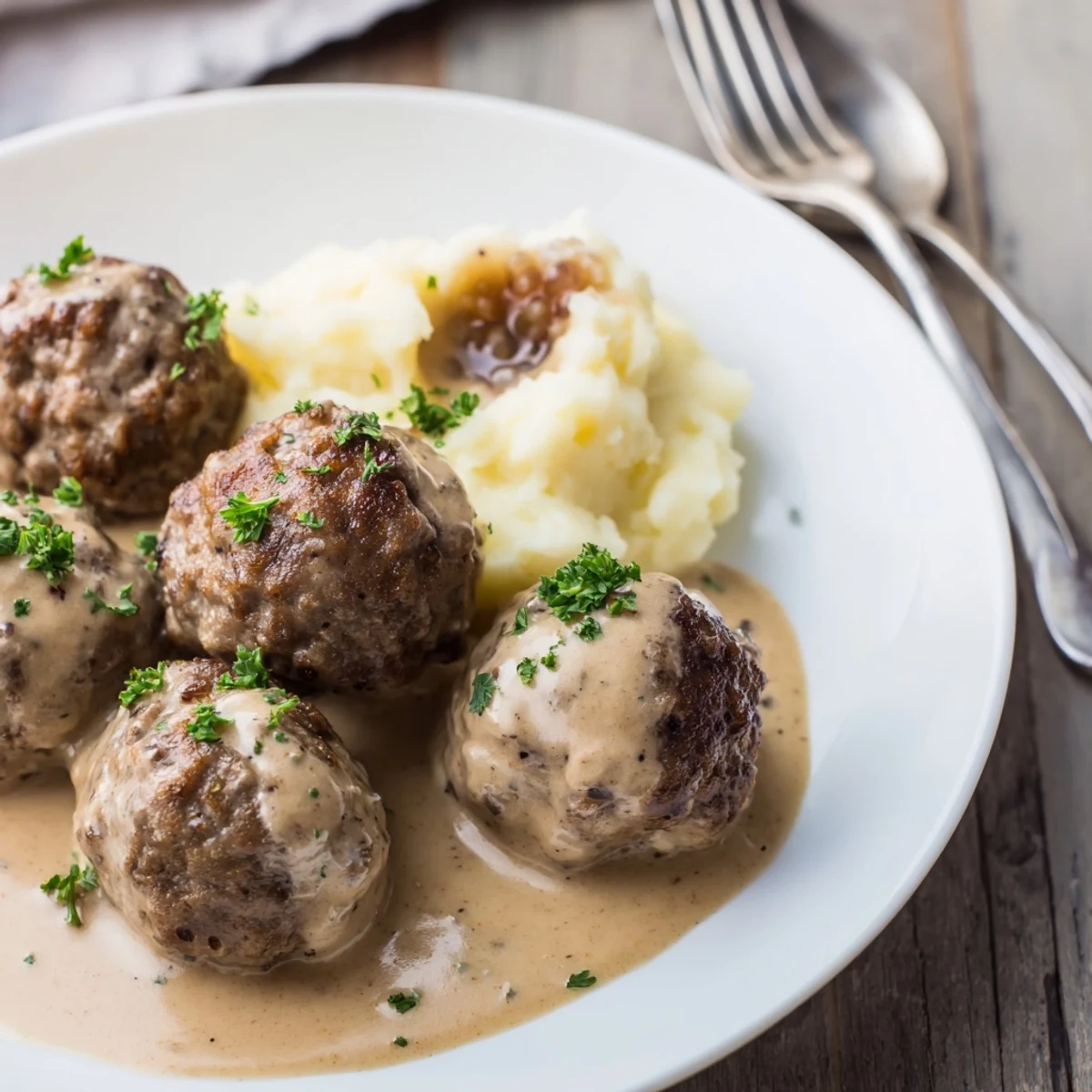 Plate of Homemade Ikea Meatballs browned golden, topped with parsley and lingonberry.