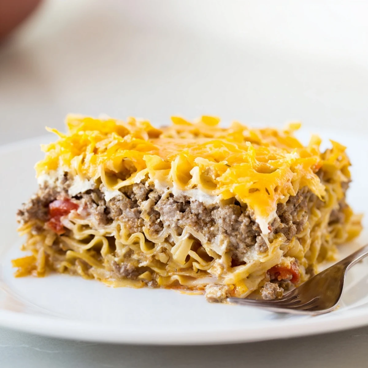 Hearty Beef Lombardi Casserole layered with noodles and tangy tomatoes, family-style