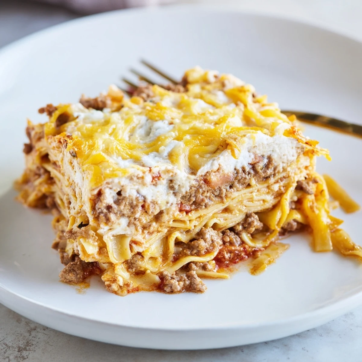 Creamy Beef Lombardi Casserole bubbling golden, served with crusty bread slices