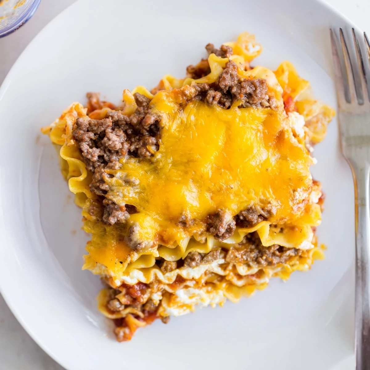 Baked Beef Lombardi Casserole with melted cheddar, garlic aroma, cooling before serving