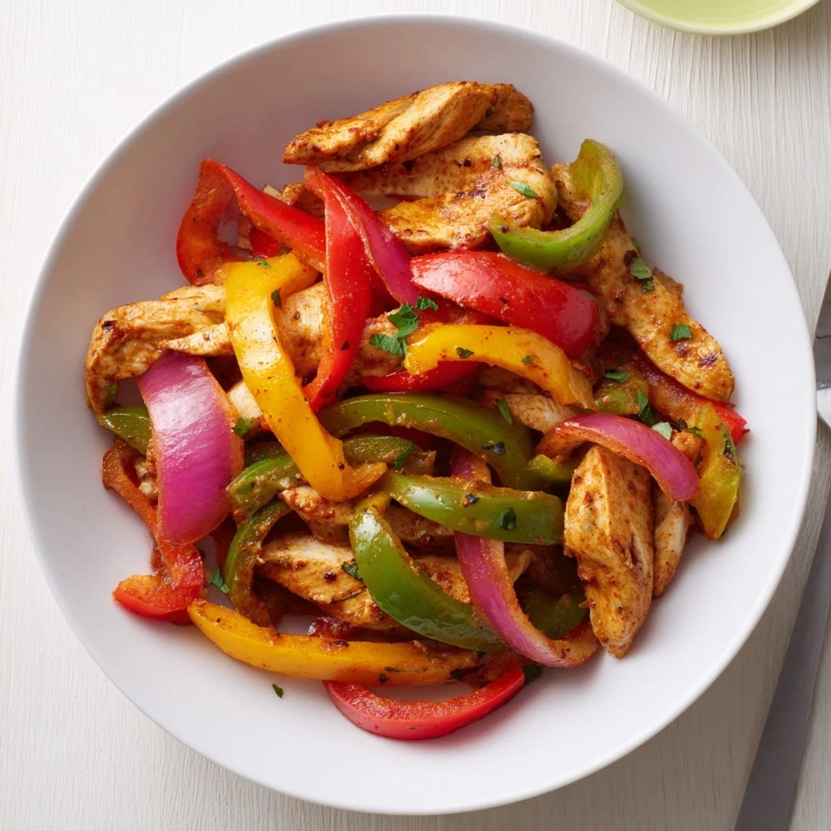 Cheesy Baja Chicken Bell Pepper Skillet with melted cheese, sizzling peppers, fresh cilantro