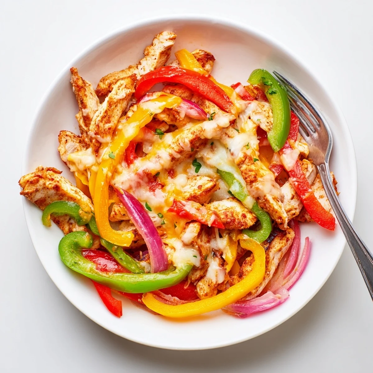 One-pan Cheesy Baja Chicken Bell Pepper Skillet bubbling, smoky spices and gooey cheese