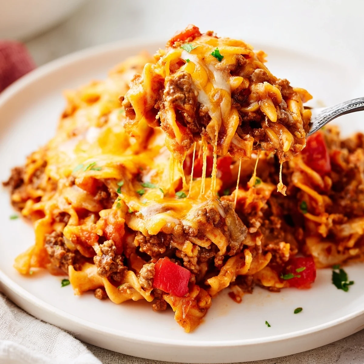 Beef Noodle Casserole bubbling in golden cheese, steam rising, served family-style