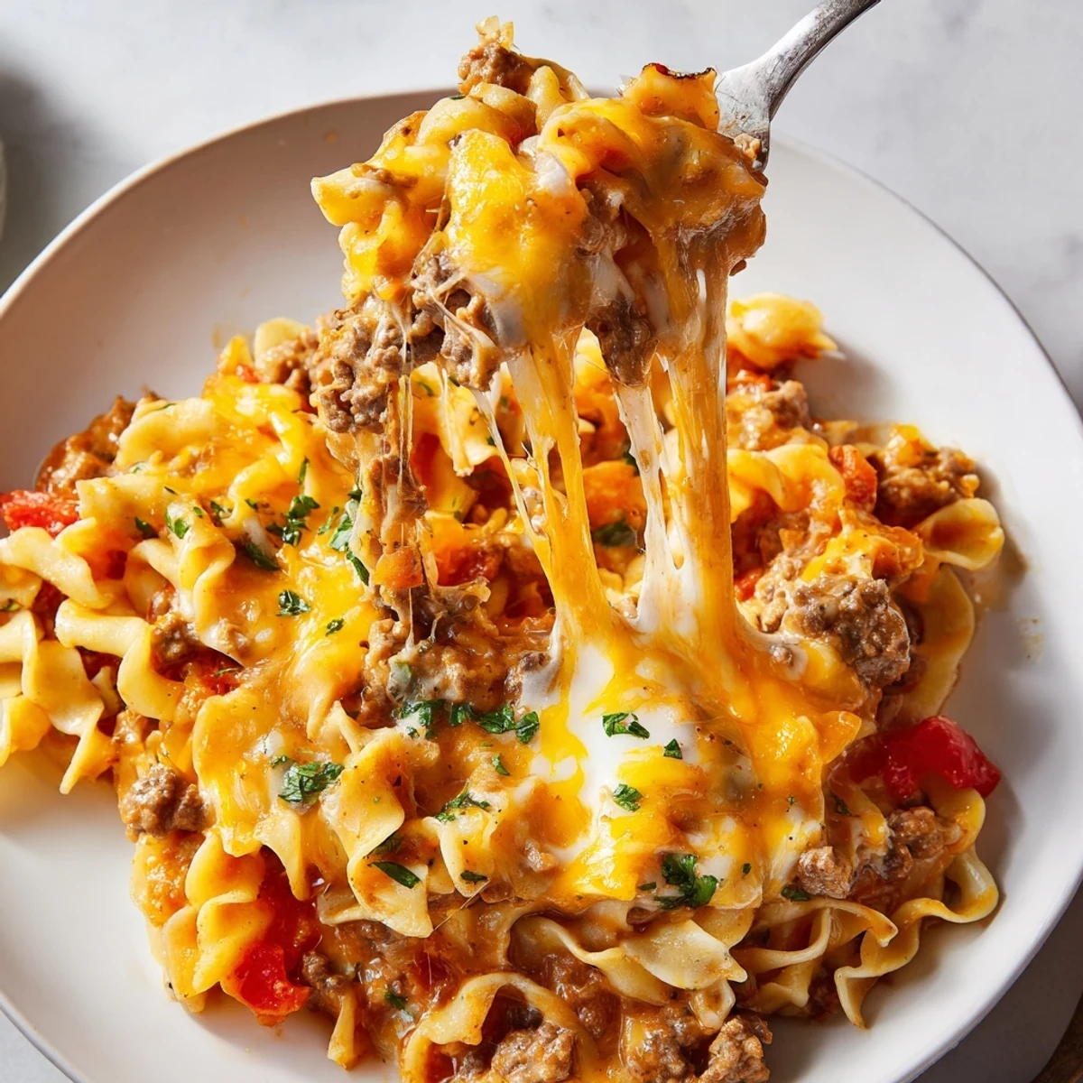 Hearty Beef Noodle Casserole with tender beef, rich tomato sauce, parsley garnish