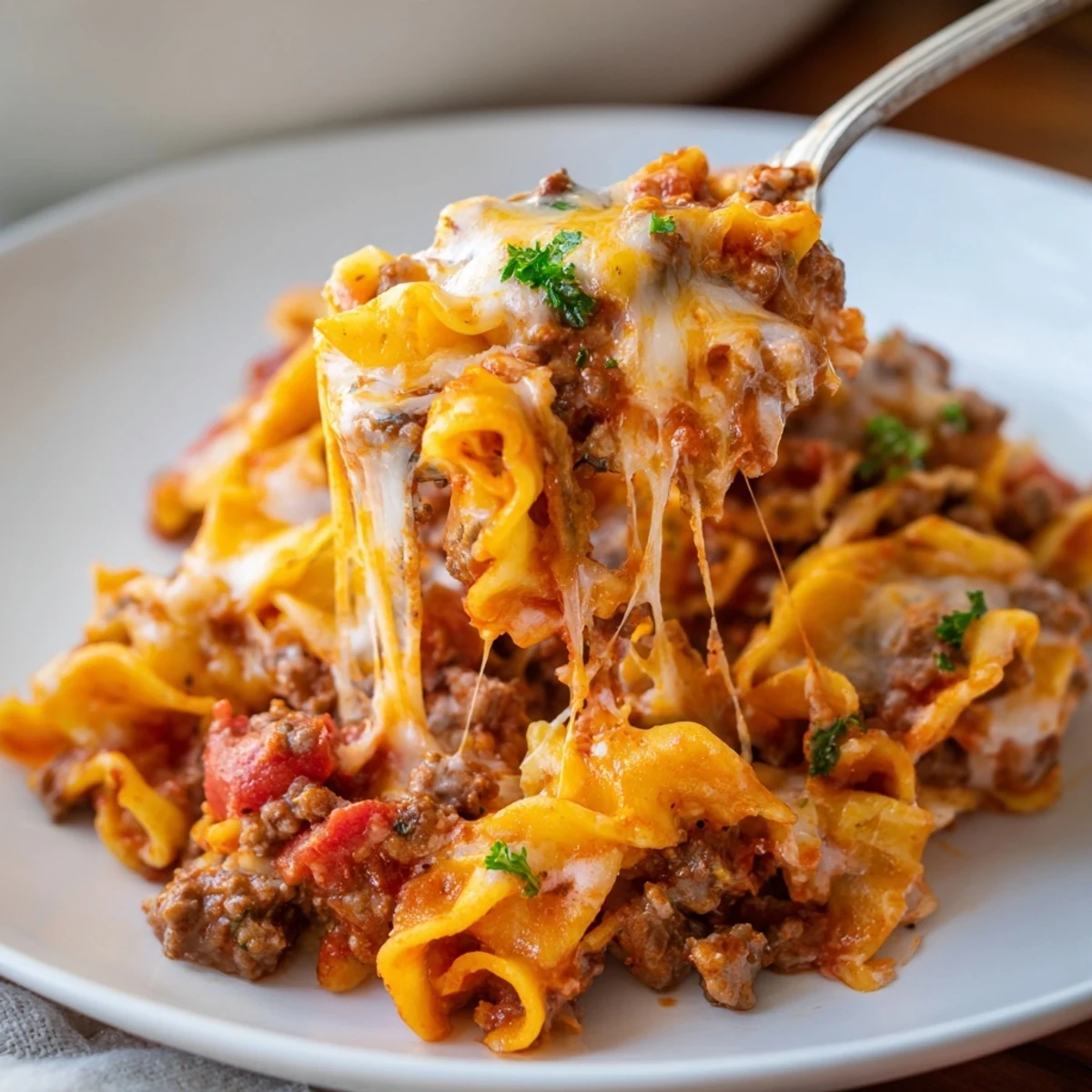 Baked Beef Noodle Casserole sliced with gooey cheddar, paired with garlic bread