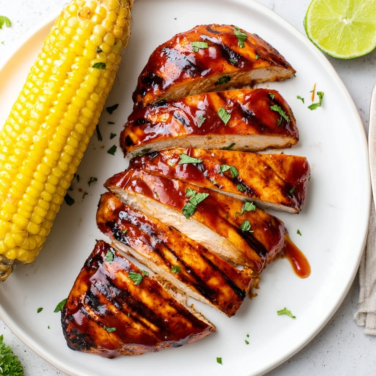 Smoky, juicy BBQ Chicken With Corn plated beside charred, buttered ears