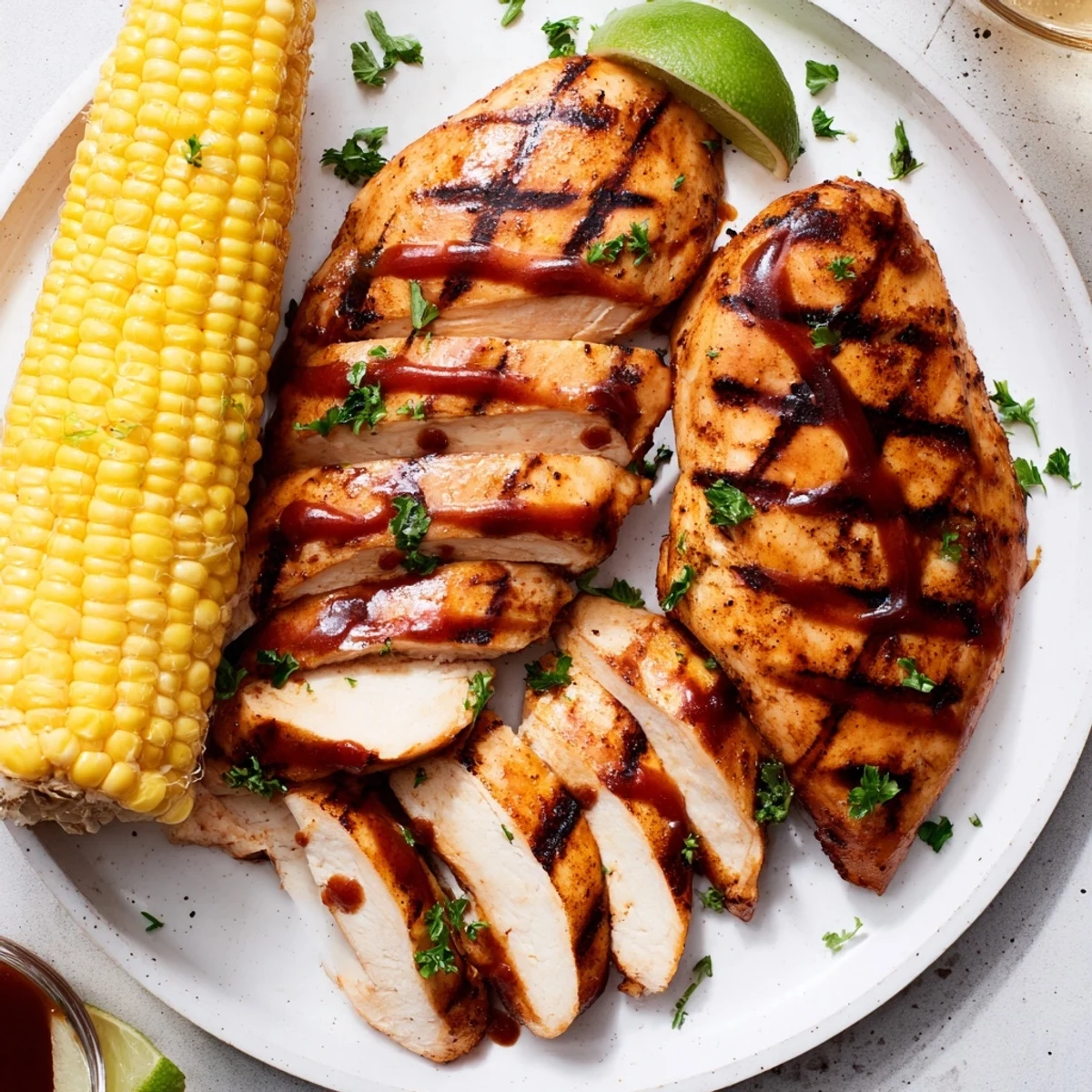 Grill-marked BBQ Chicken With Corn resting, brushed with sweet tangy barbecue sauce