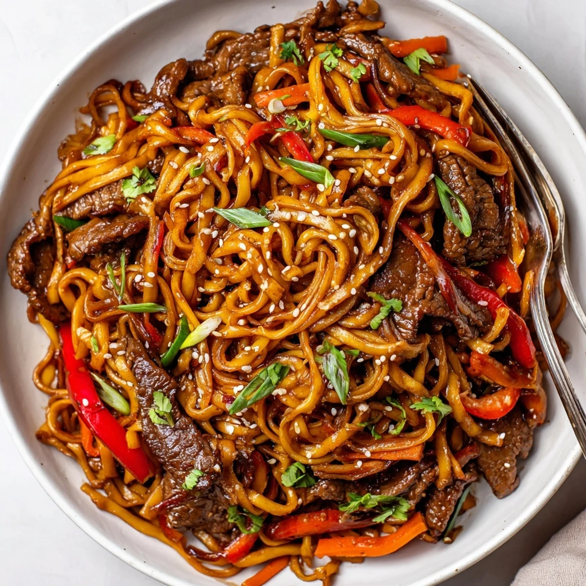 Chunky vegetables and chewy noodles in Sticky Beef Noodles, served hot