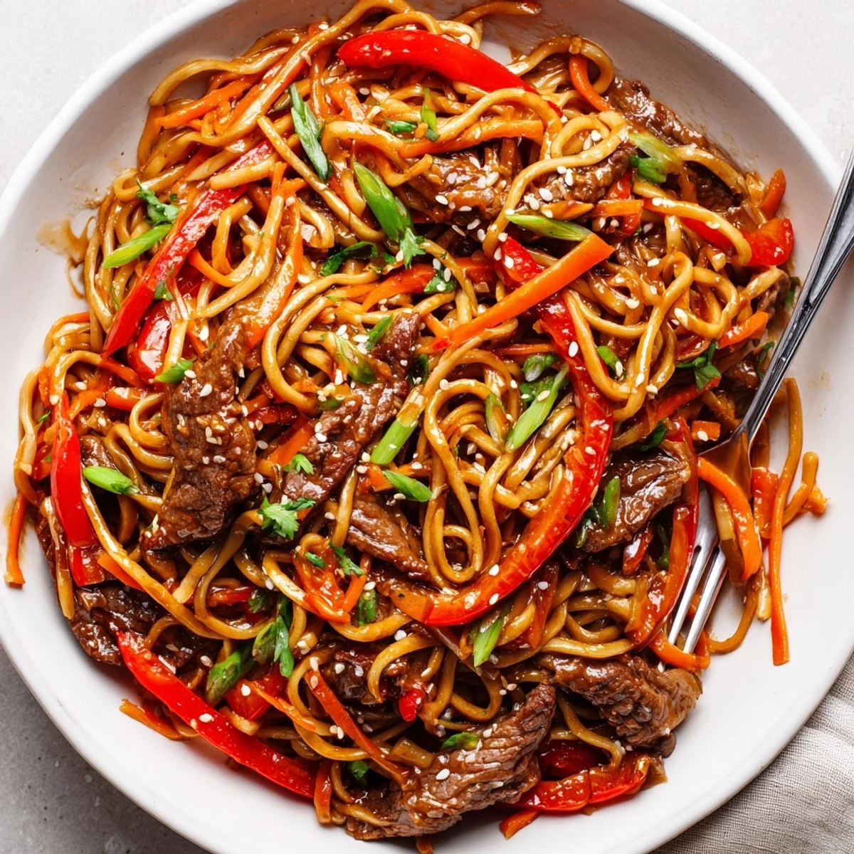 Wok-tossed Sticky Beef Noodles steaming, sweet-savory aroma, topped with scallions