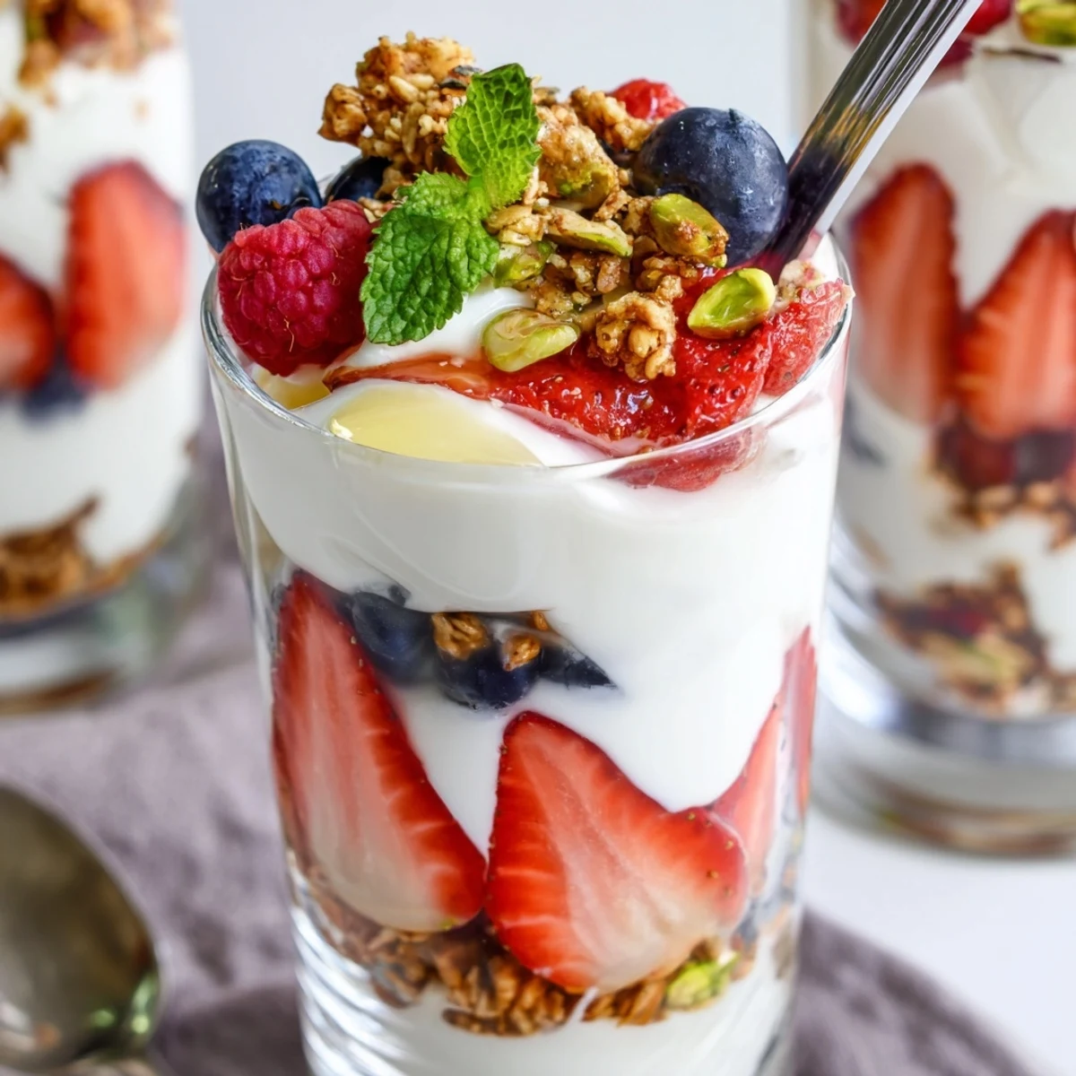 Greek Yogurt Parfait layered with creamy yogurt, berries, crunchy granola, mint
