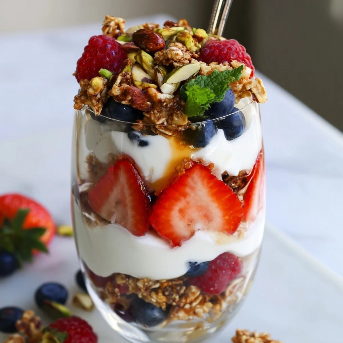 Bright Greek Yogurt Parfait in glass jar, honey drizzle and chopped nuts