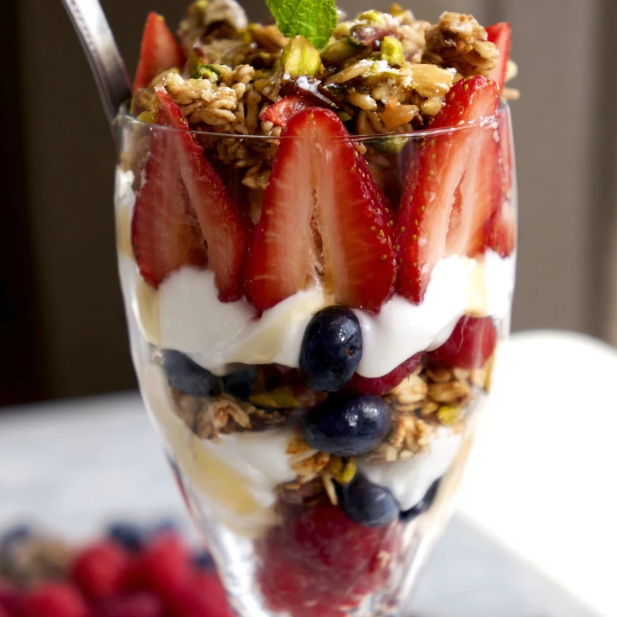 Homestyle Greek Yogurt Parfait served chilled for breakfast, spoon beside glass