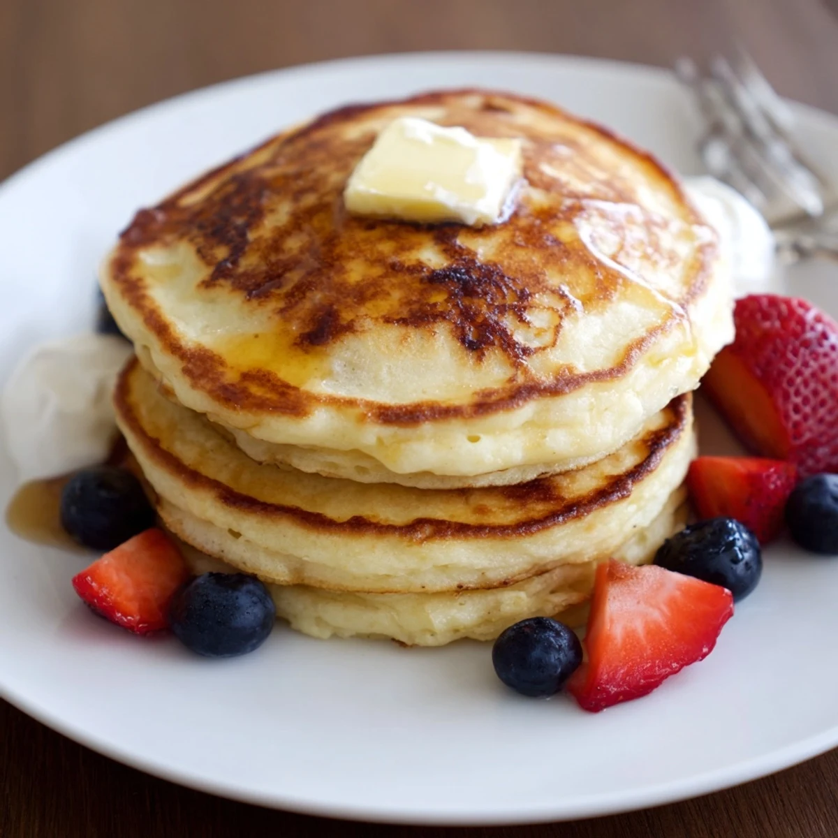 Cottage Cheese Pancakes stacked with melting butter and maple syrup, steam rising
