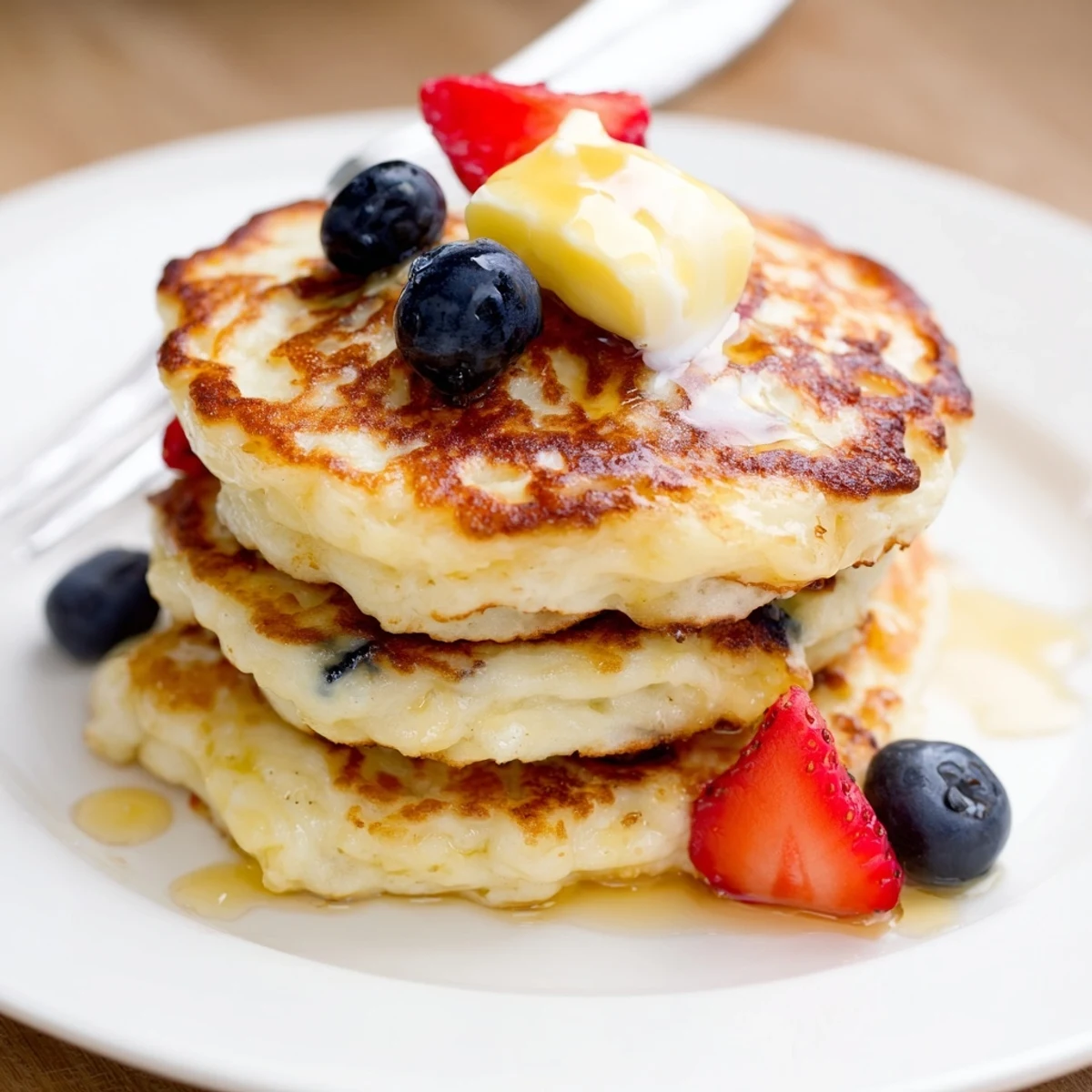Warm Cottage Cheese Pancakes served with Greek yogurt and tart berry compote