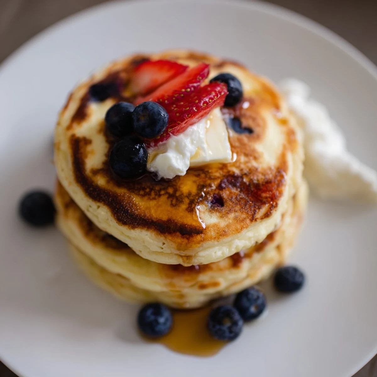 Golden Cottage Cheese Pancakes in a skillet, fluffy centers and fresh berries
