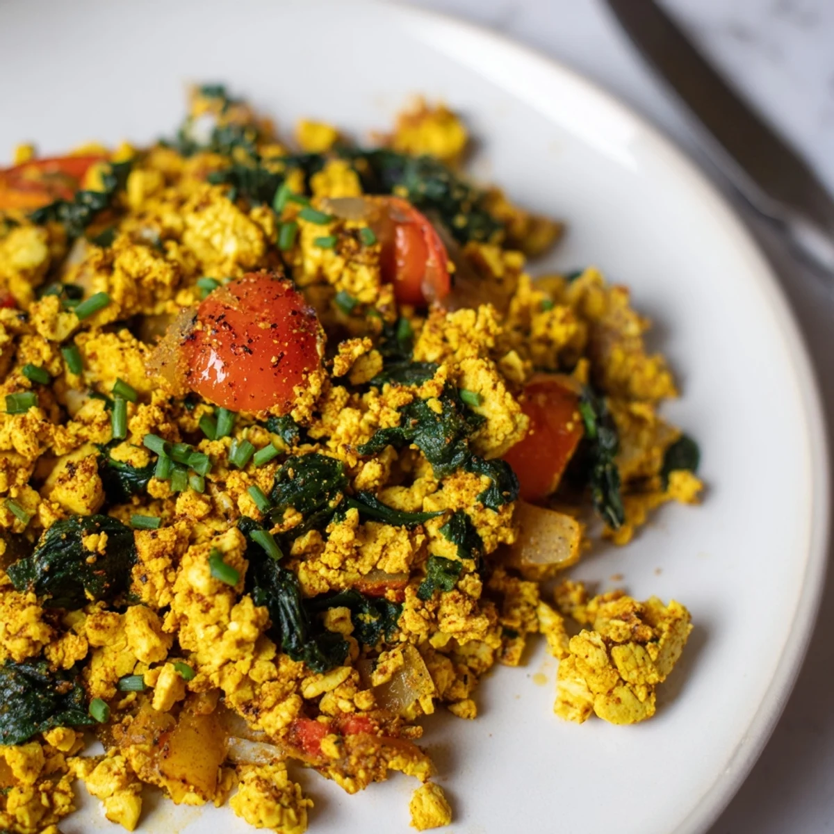 Tofu Scramble with turmeric-golden crumbles, sautéed peppers and wilted spinach.