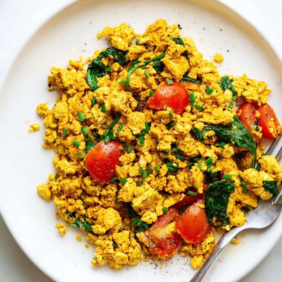 Bright, seasoned Tofu Scramble steaming in skillet, ready for wraps.