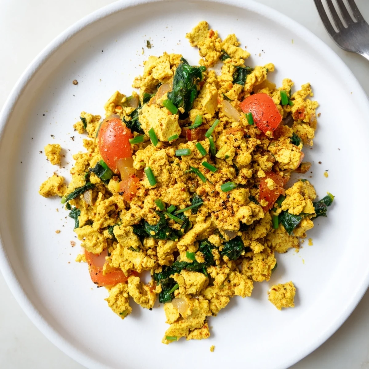 Pan-seared Tofu Scramble served hot with avocado toast and chopped chives.