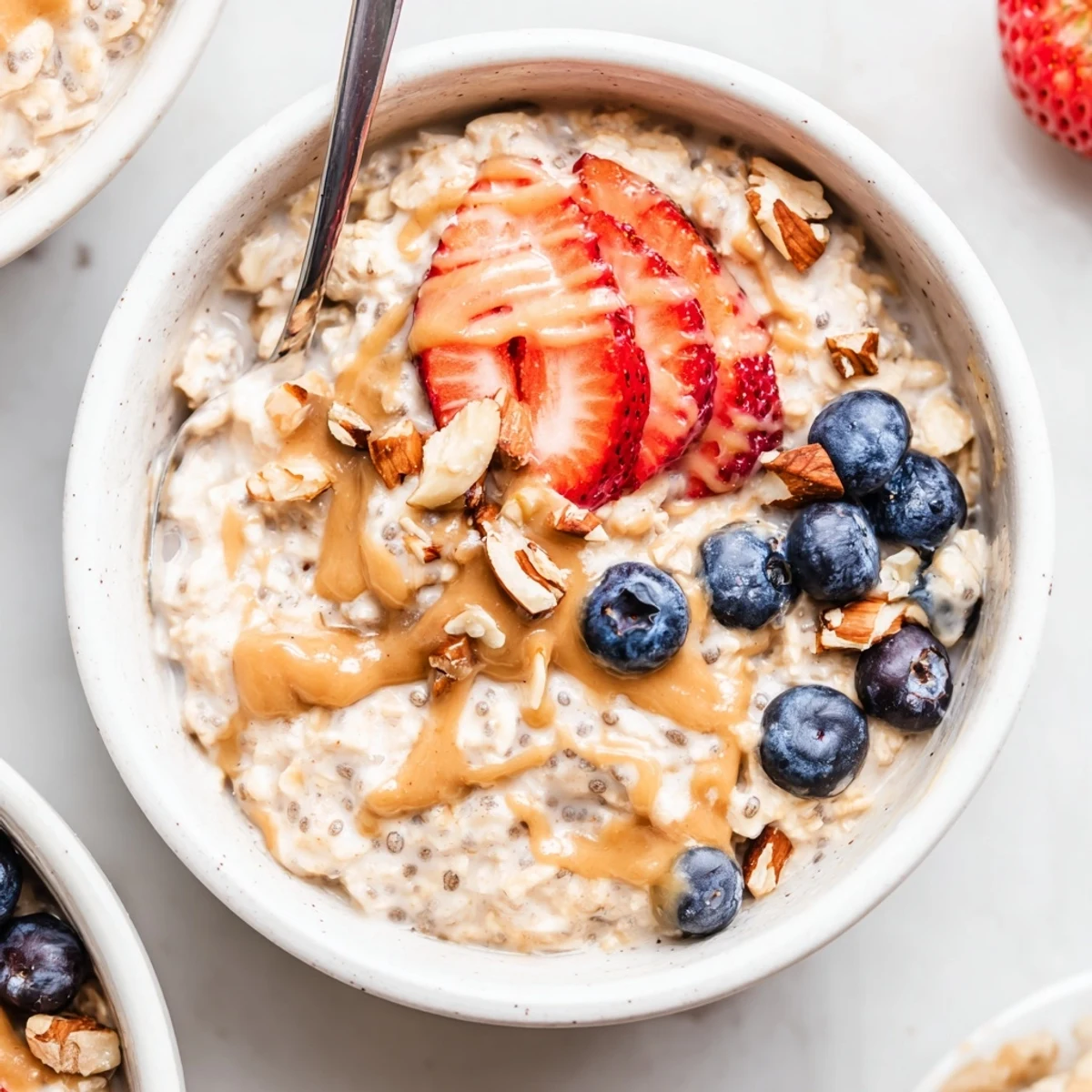 Protein Overnight Oats topped with fresh berries and crunchy nuts, chilled