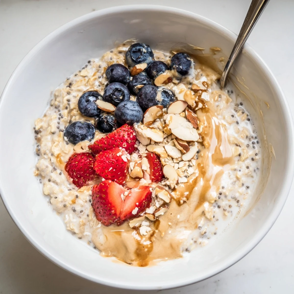 Creamy Protein Overnight Oats swirled with vanilla and maple, spoon-ready texture