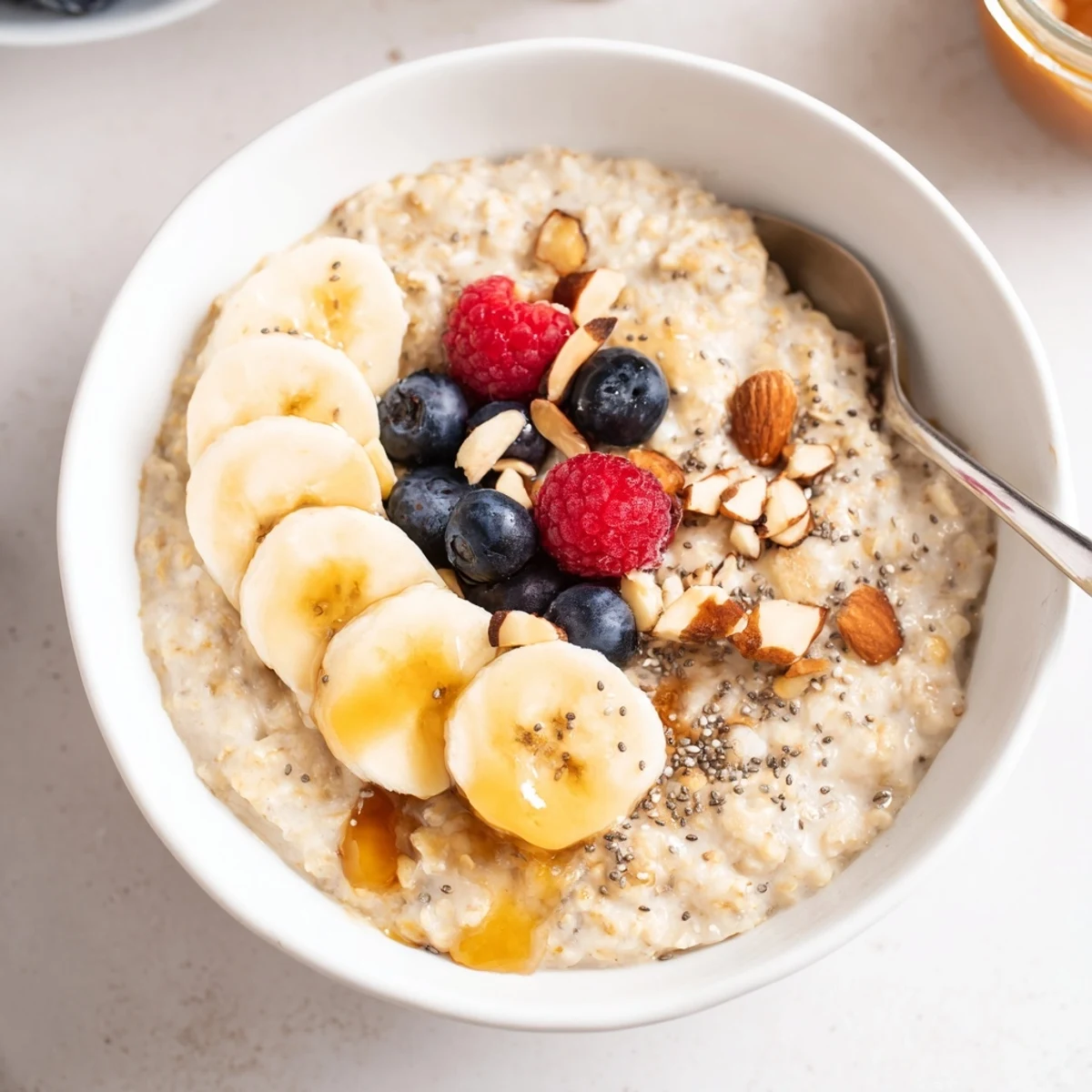 Creamy Protein Oatmeal topped with sliced banana, nuts, and berries.